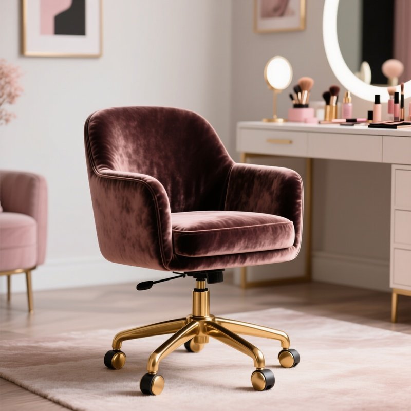 A Stylish Velvet Armless Task Chair With Gold Wheels And Base, Suitable For A Feminine Home Office Or A Makeup Station.