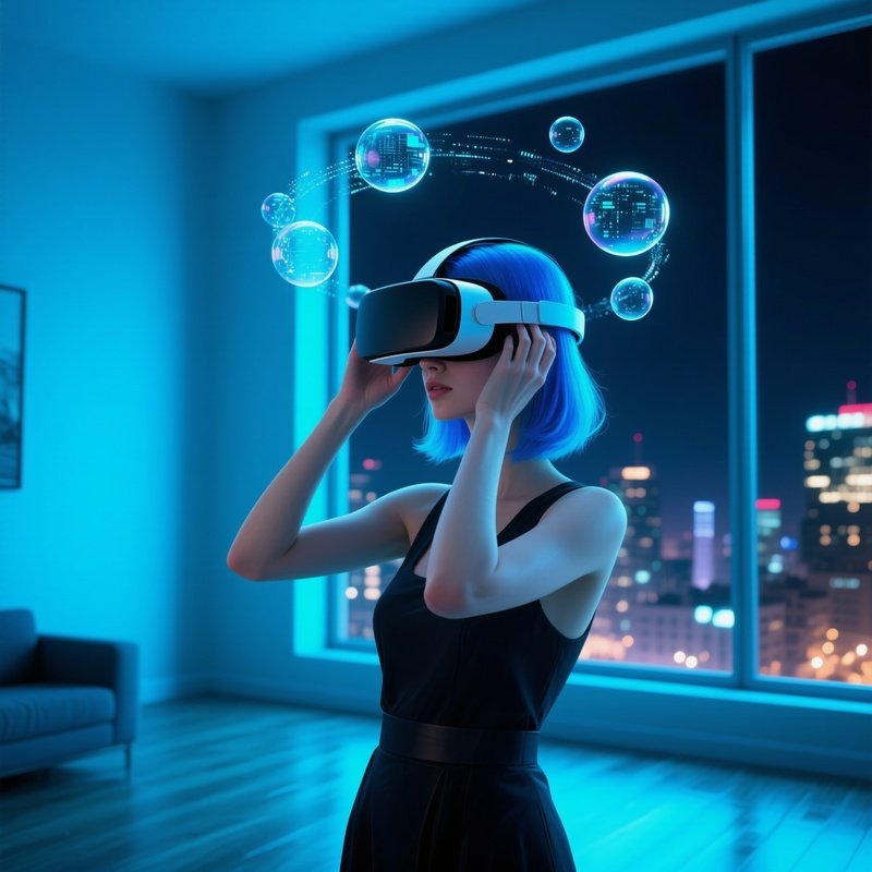 A Stylish Woman With Bright Blue Hair Adjusts A Vr Headset While Floating Data Bubbles Orbit Her