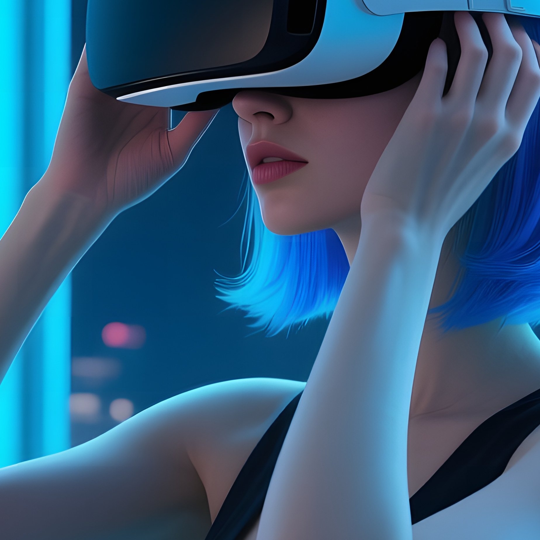 A Stylish Woman With Bright Blue Hair Adjusts A Vr Headset While Floating Data Bubbles Orbit Her - Full Resolution Quality Preview