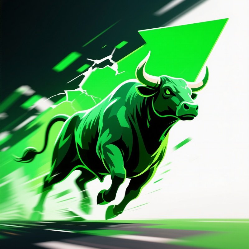 A Stylized Digital Bull Bursting Through An Upward Green Arrow