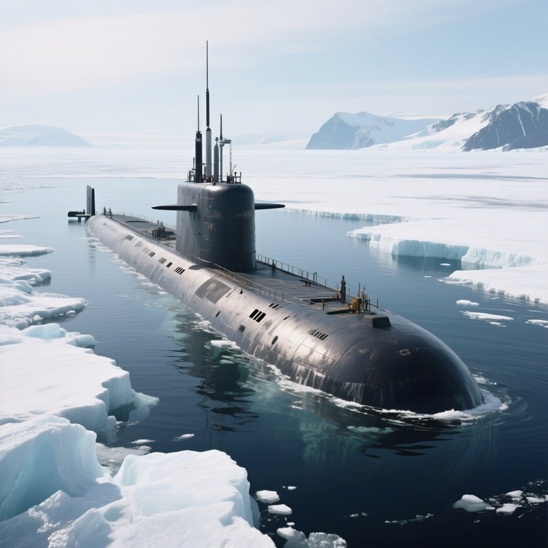 A Submarine Partially Submerged Near An Icy Coastline