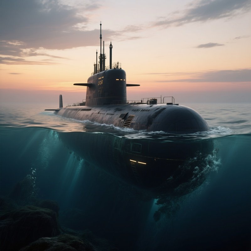A Submarine Slipping Beneath The Surface Near Dusk