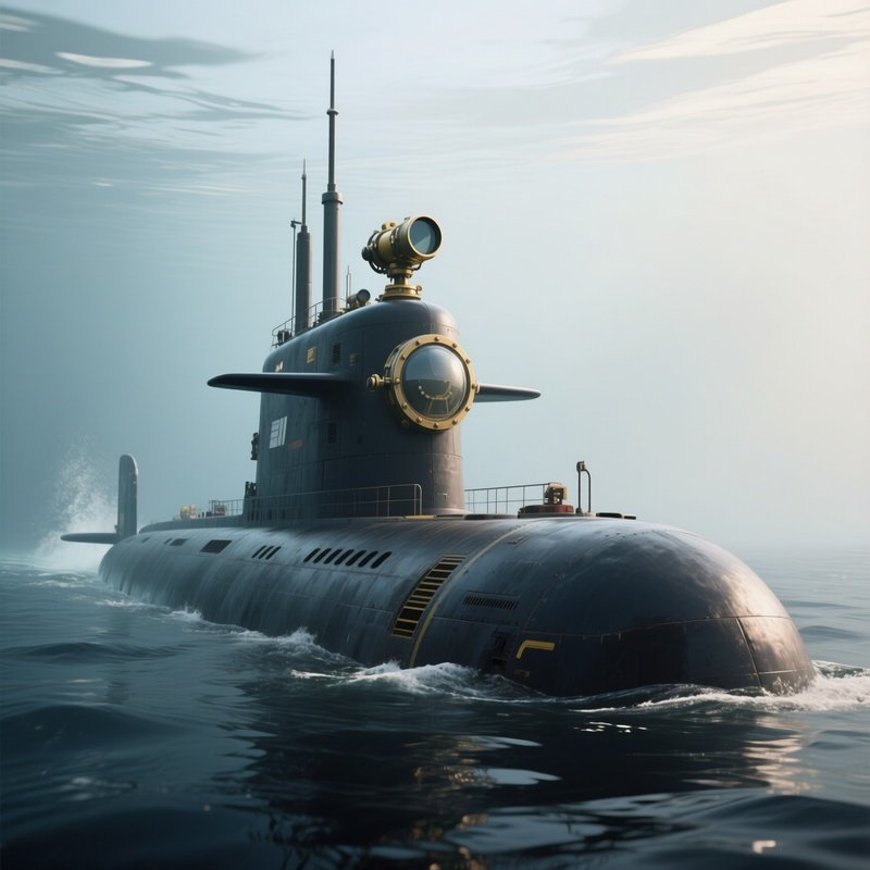 A Submarine Traveling Submerged With Periscope Raised