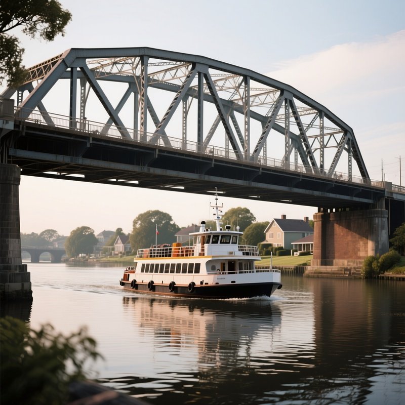 A Suburban River Ferry Cruising Under A Steel Bridge