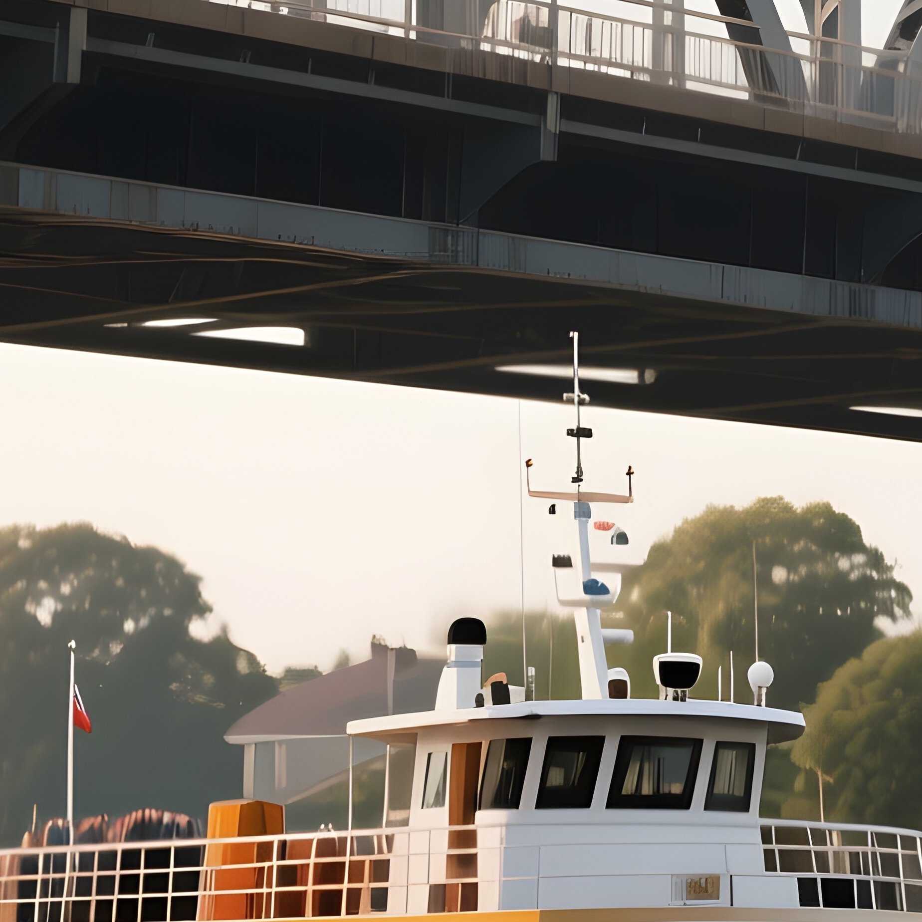 A Suburban River Ferry Cruising Under A Steel Bridge - Full Resolution Quality Preview