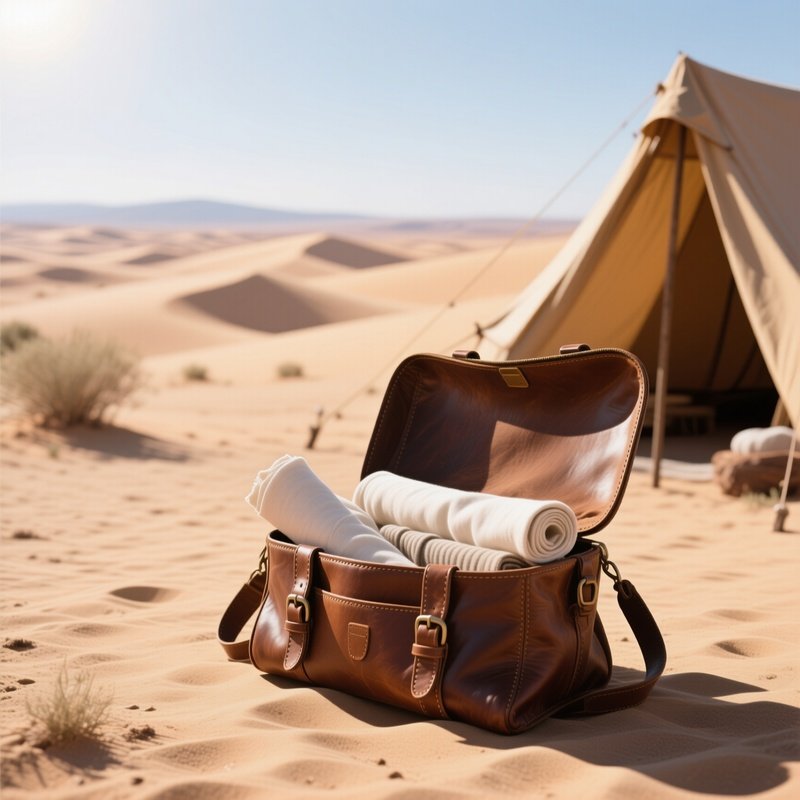 A Sun‑Bleached Desert Campsite At Midday, A Leather Satchel Opened To Reveal Rolled Cotton Fabrics,