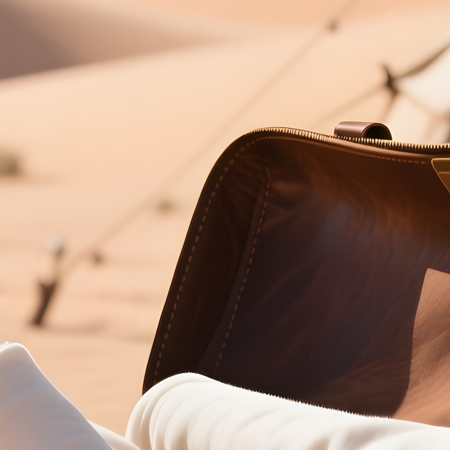 A Sun‑Bleached Desert Campsite At Midday, A Leather Satchel Opened To Reveal Rolled Cotton Fabrics, - Full Resolution Quality Preview