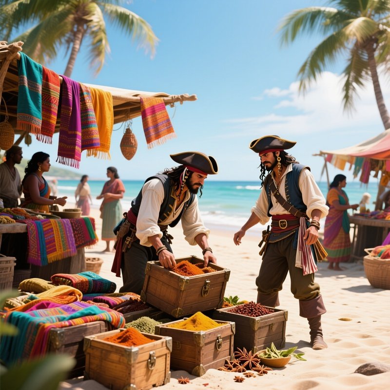 A Sun‑Drenched Beach Scene Where Pirates Unload Crates Of Exotic Spices And Silks, Vibrant Fabrics