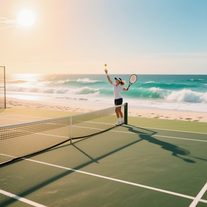 A Sun‑Drenched Coastal Tennis Court At Golden Hour, With Turquoise Ocean Waves Crashing In The