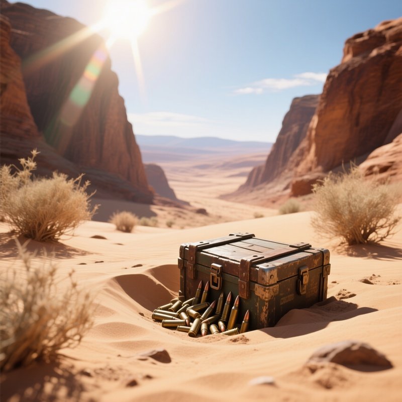 A Sun‑Drenched Desert Canyon With A Hidden Cache Of Old Ammunition Crates Partially Buried In Sand,