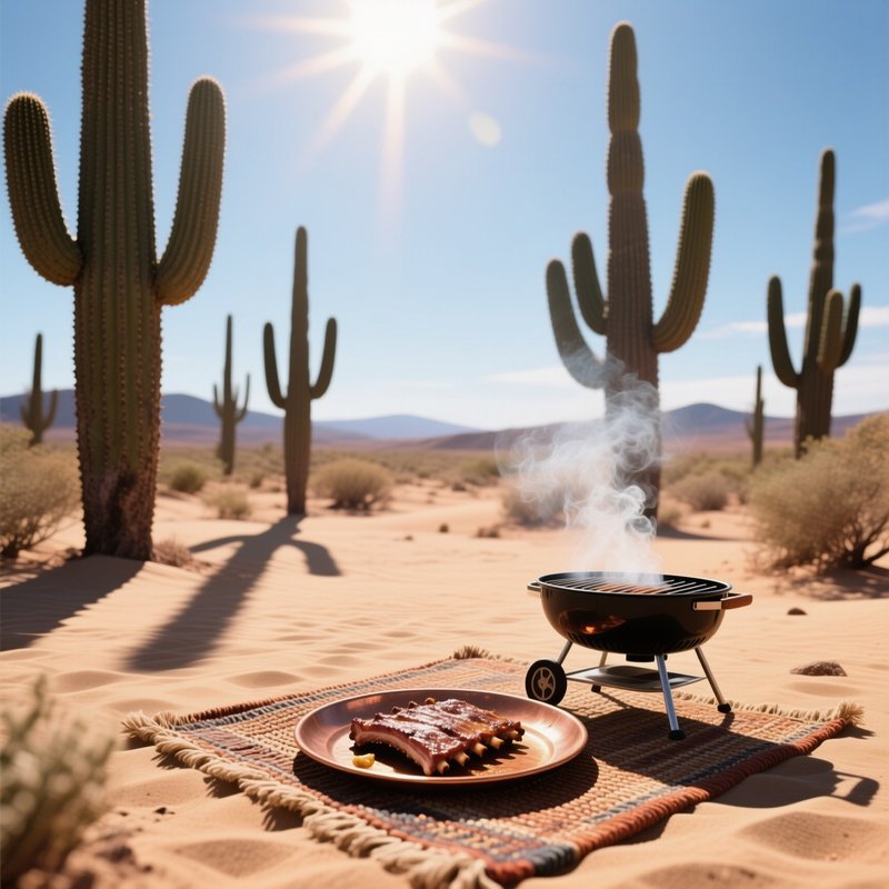 A Sun‑Drenched Desert Oasis At High Noon, Towering Saguaro Cacti Silhouetted Against A Clear Sky, A