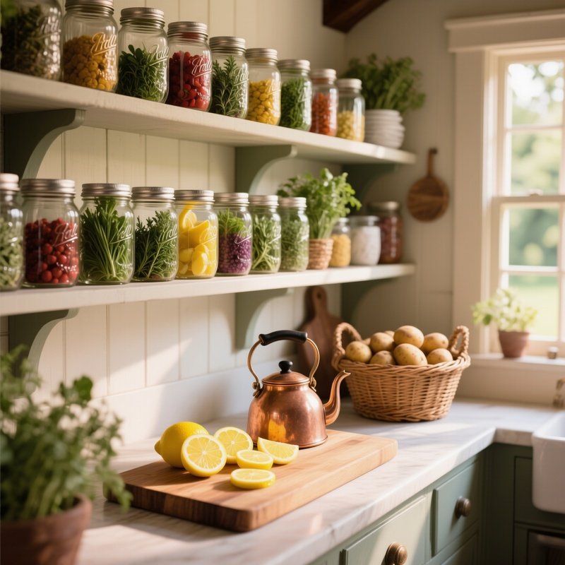 A Sun‑Drenched Farmhouse Pantry Shelf, Lined With Mason Jars Filled With Colorful Herbs, A Wooden