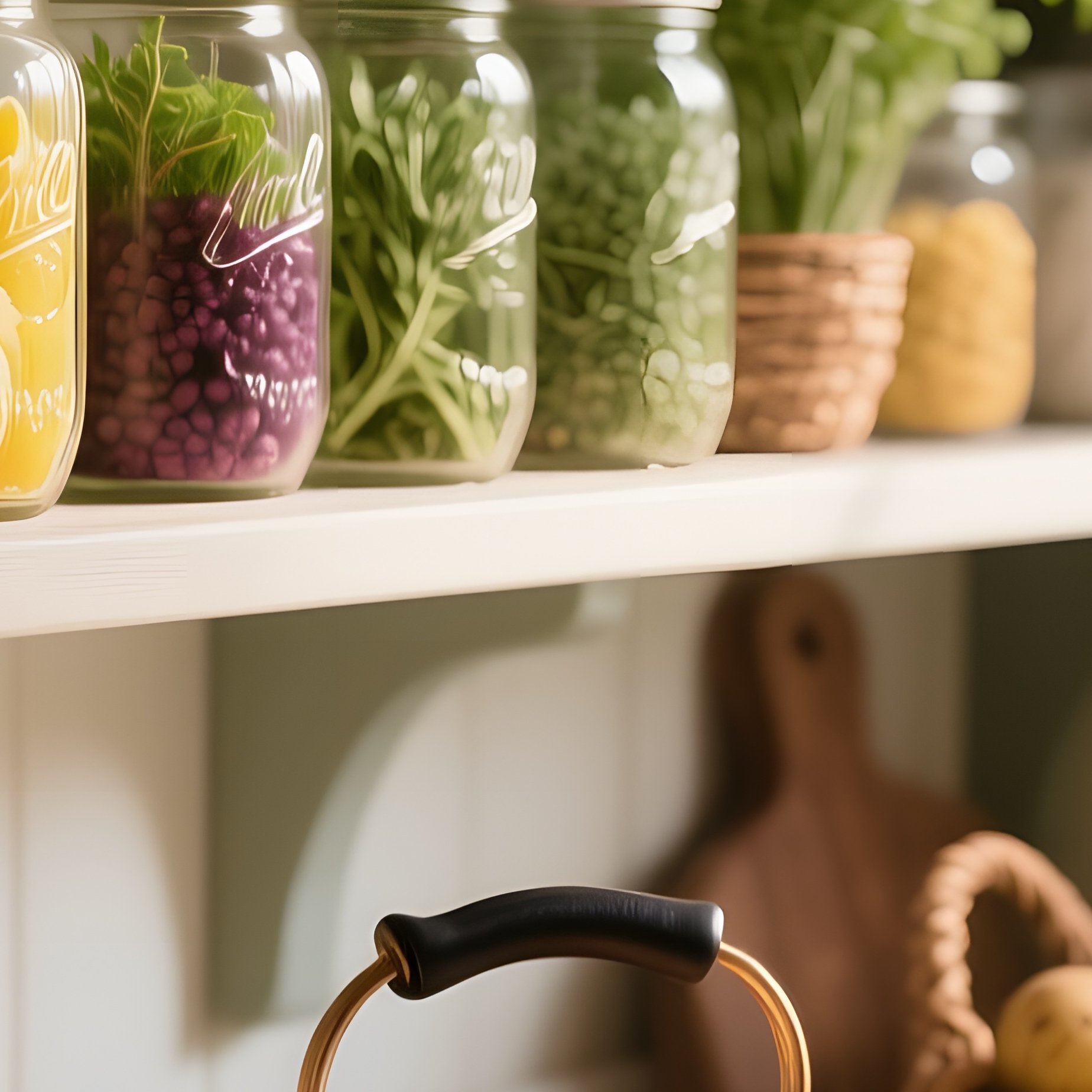 A Sun‑Drenched Farmhouse Pantry Shelf, Lined With Mason Jars Filled With Colorful Herbs, A Wooden - Full Resolution Quality Preview