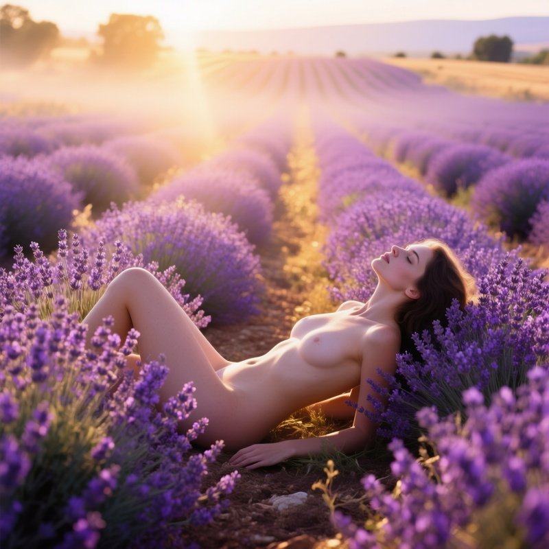 A Sun Drenched Lavender Field In Provence A Naked Woman Lying Among Blooming Rows Violet Haze