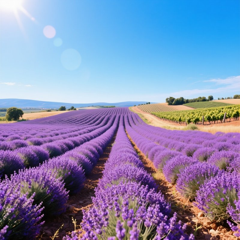 A Sun‑Drenched Lavender Field In Provence Stretching To The Horizon, Rows Of Purple Blooms Creating