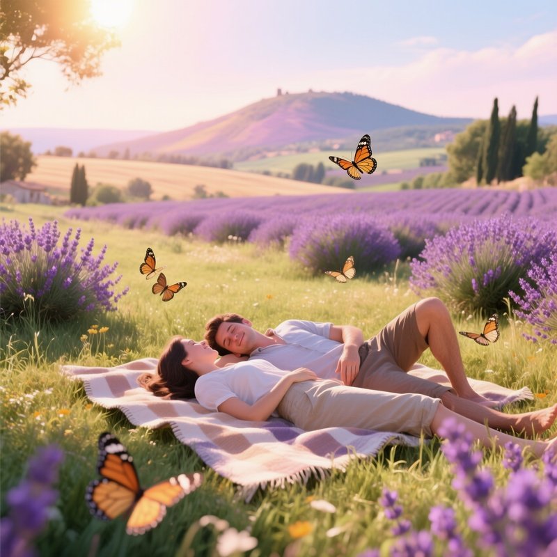 A Sun‑Drenched Meadow In Provence With A Couple Lying On A Blanket, Surrounded By Lavender Fields,