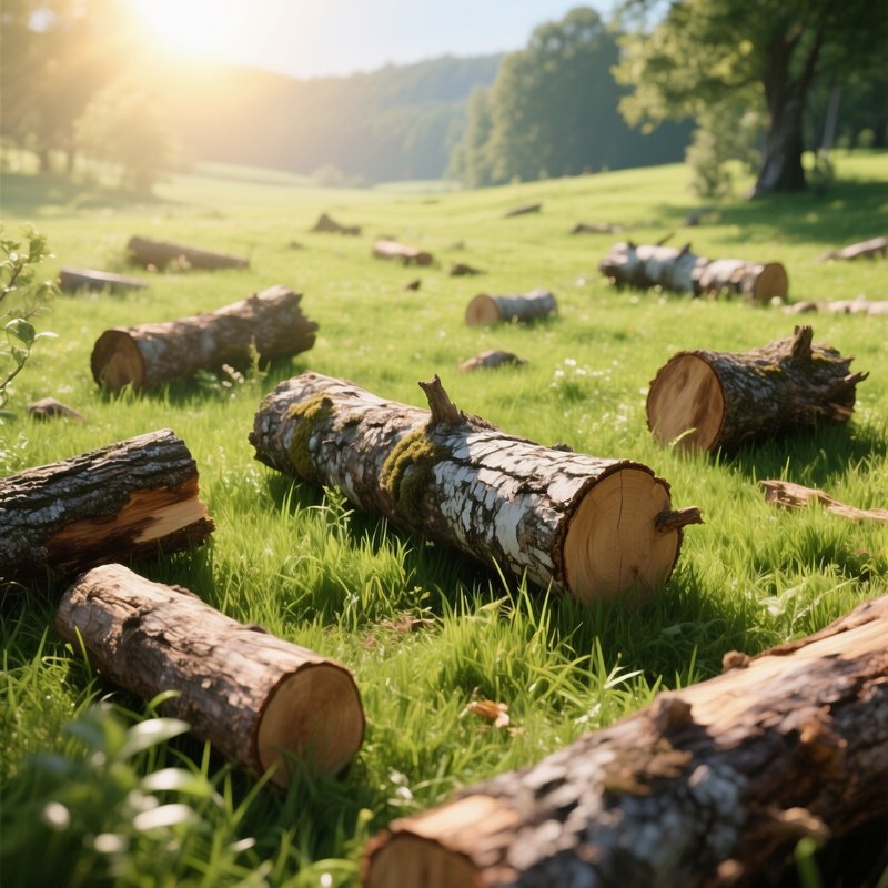 A Sun‑Drenched Meadow With Scattered Fallen Logs Of Various Species, Each Displaying Distinct Bark