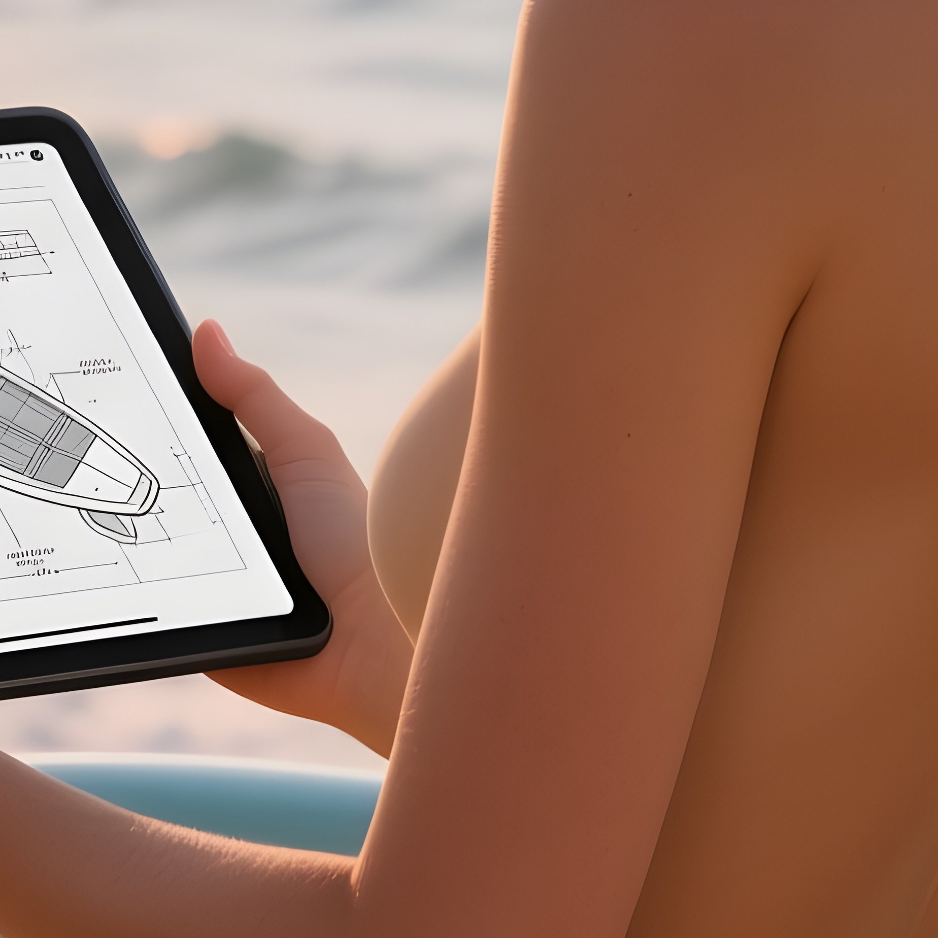 A Sun‑Drenched Mediterranean Beach At Sunset, A Tan‑Bodied Model With Flowing Auburn Hair Stands On - Full Resolution Quality Preview