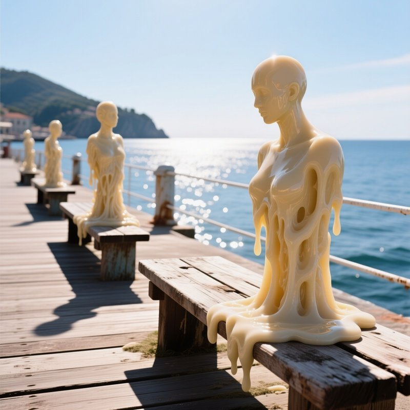 A Sun Drenched Mediterranean Pier Where Weathered Wooden Benches Hold Sculptural Installations Of