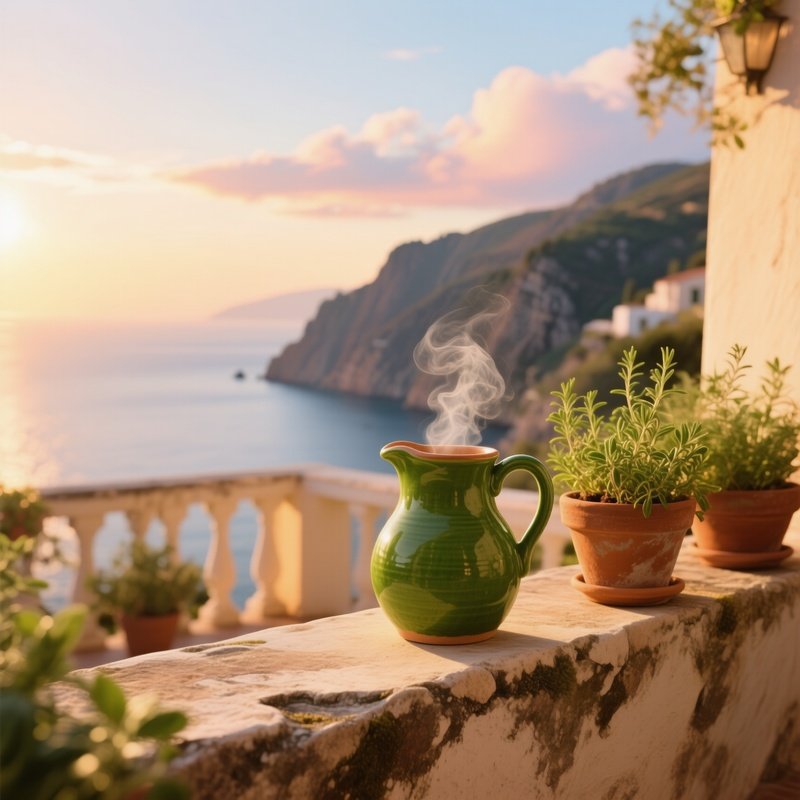 A Sun Drenched Mediterranean Terrace At Golden Hour, Where A Ceramic Pitcher Of Bright Green Mojo