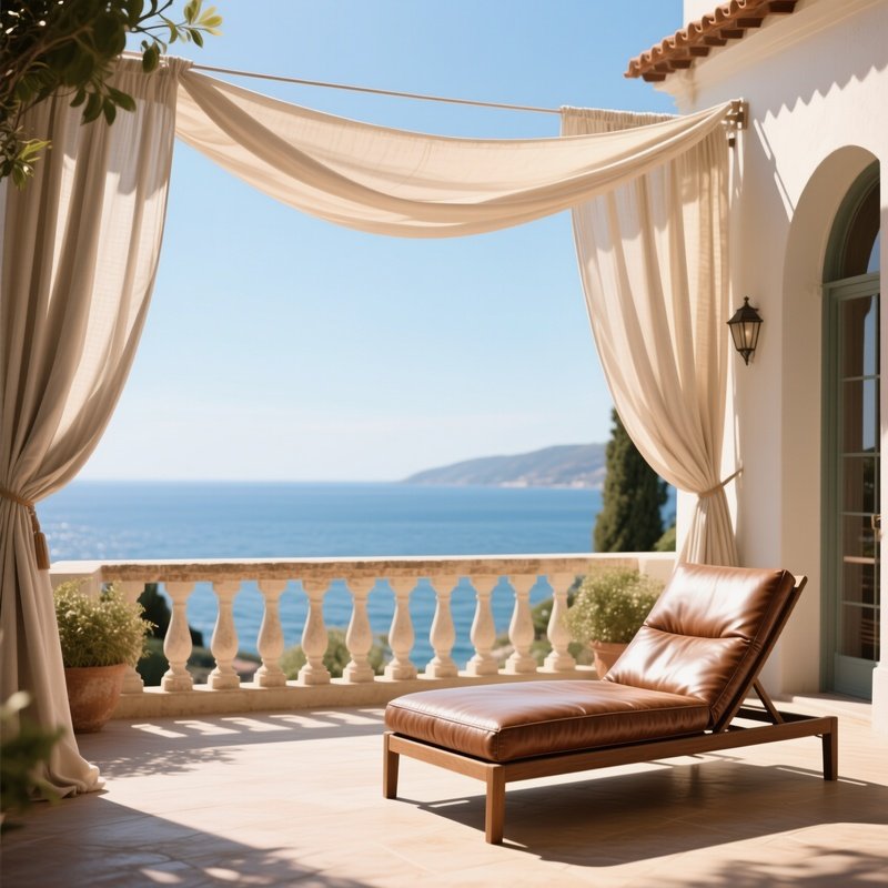 A Sun‑Drenched Mediterranean Villa Terrace, A Leather Chaise Lounge Beside A Flowing Linen Canopy,