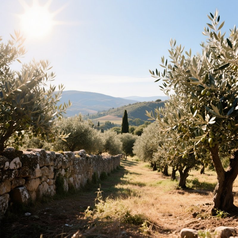 A Sun‑Drenched Olive Grove In Late Summer, Silvery Leaves Shimmering, Ancient Stone Walls, Distant