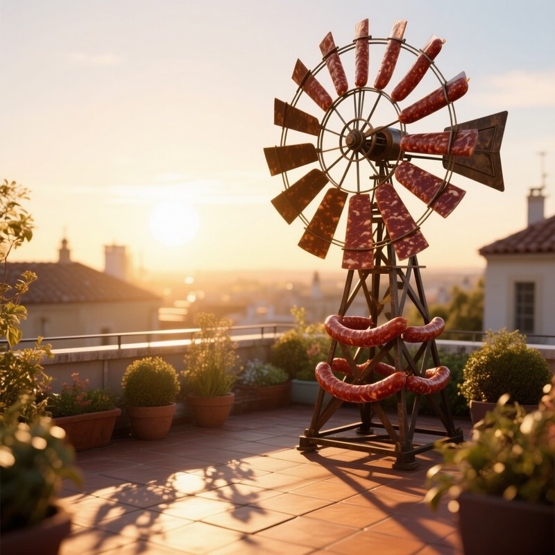 A Sun Drenched Rooftop Garden At Golden Hour, Featuring An Intricate Kinetic Windmill Made Of Cured