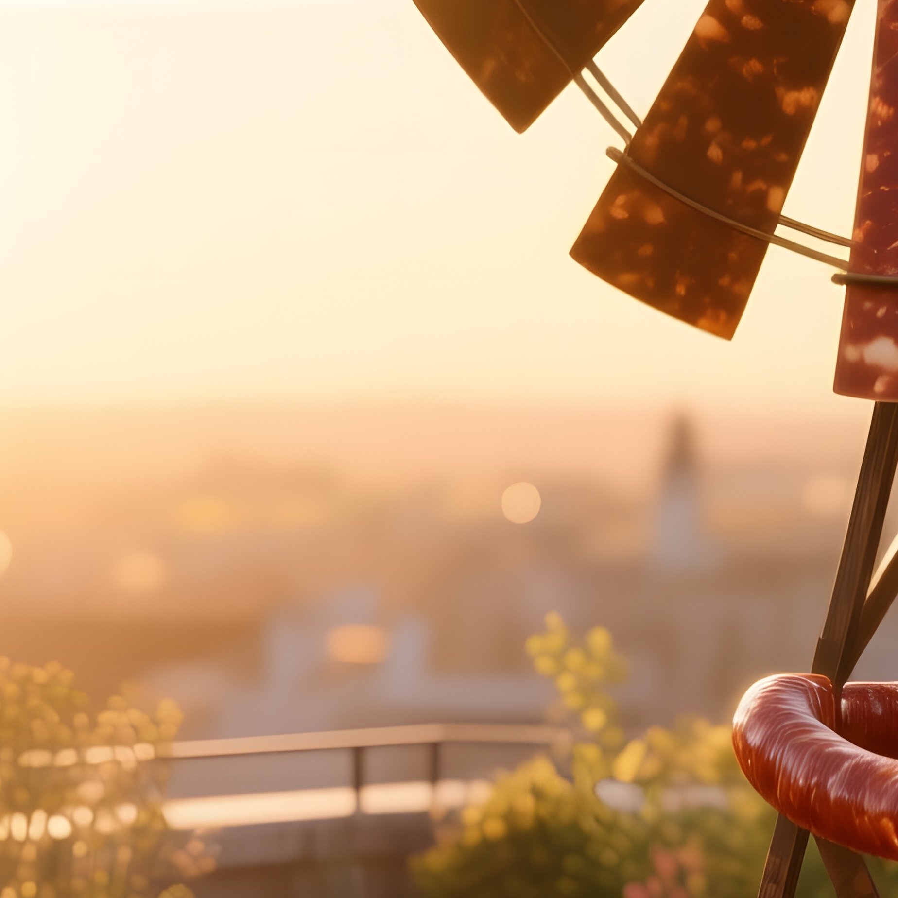 A Sun Drenched Rooftop Garden At Golden Hour, Featuring An Intricate Kinetic Windmill Made Of Cured - Full Resolution Quality Preview