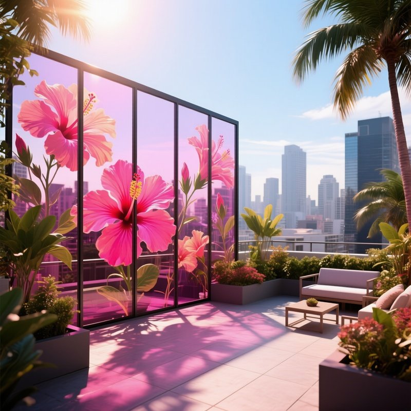 A Sun‑Drenched Rooftop Garden In A Tropical City, Large Glass Panels Depicting Hibiscus Flowers