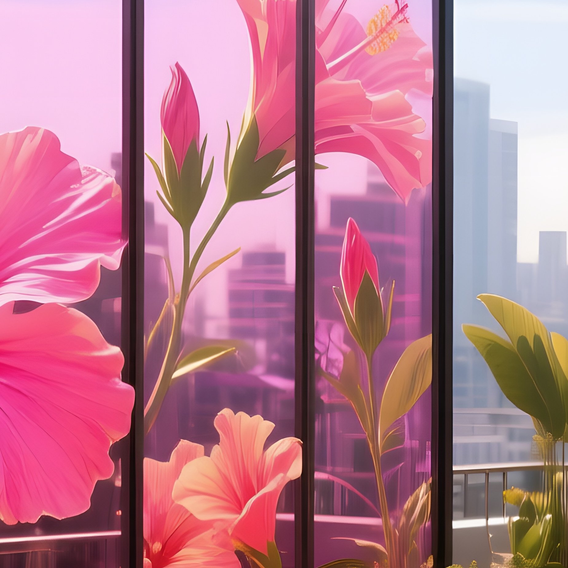 A Sun‑Drenched Rooftop Garden In A Tropical City, Large Glass Panels Depicting Hibiscus Flowers - Full Resolution Quality Preview