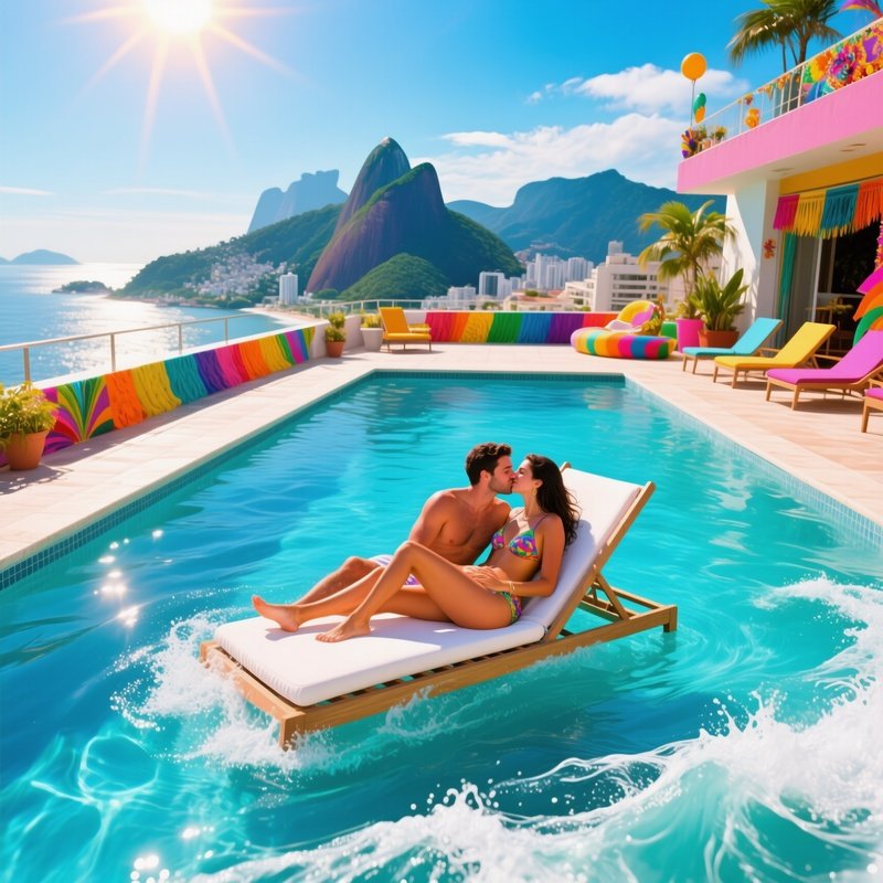 A Sun‑Drenched Rooftop Pool In Rio De Janeiro, Carnival Colors Swirling, A Couple Shares A Kiss On