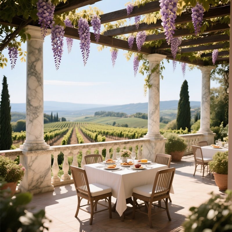 A Sun Drenched Terrace Overlooking Vineyards, Marble Columns Supporting Pergolas Draped In