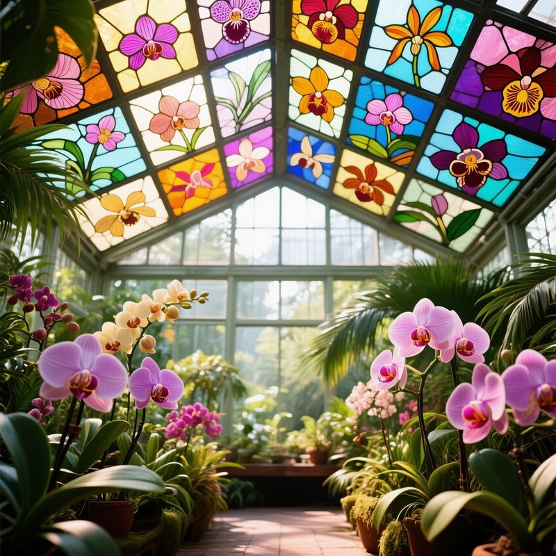 A Sun‑Filled Greenhouse Filled With Tropical Orchids, Its Roof Composed Of Segmented Stained Glass