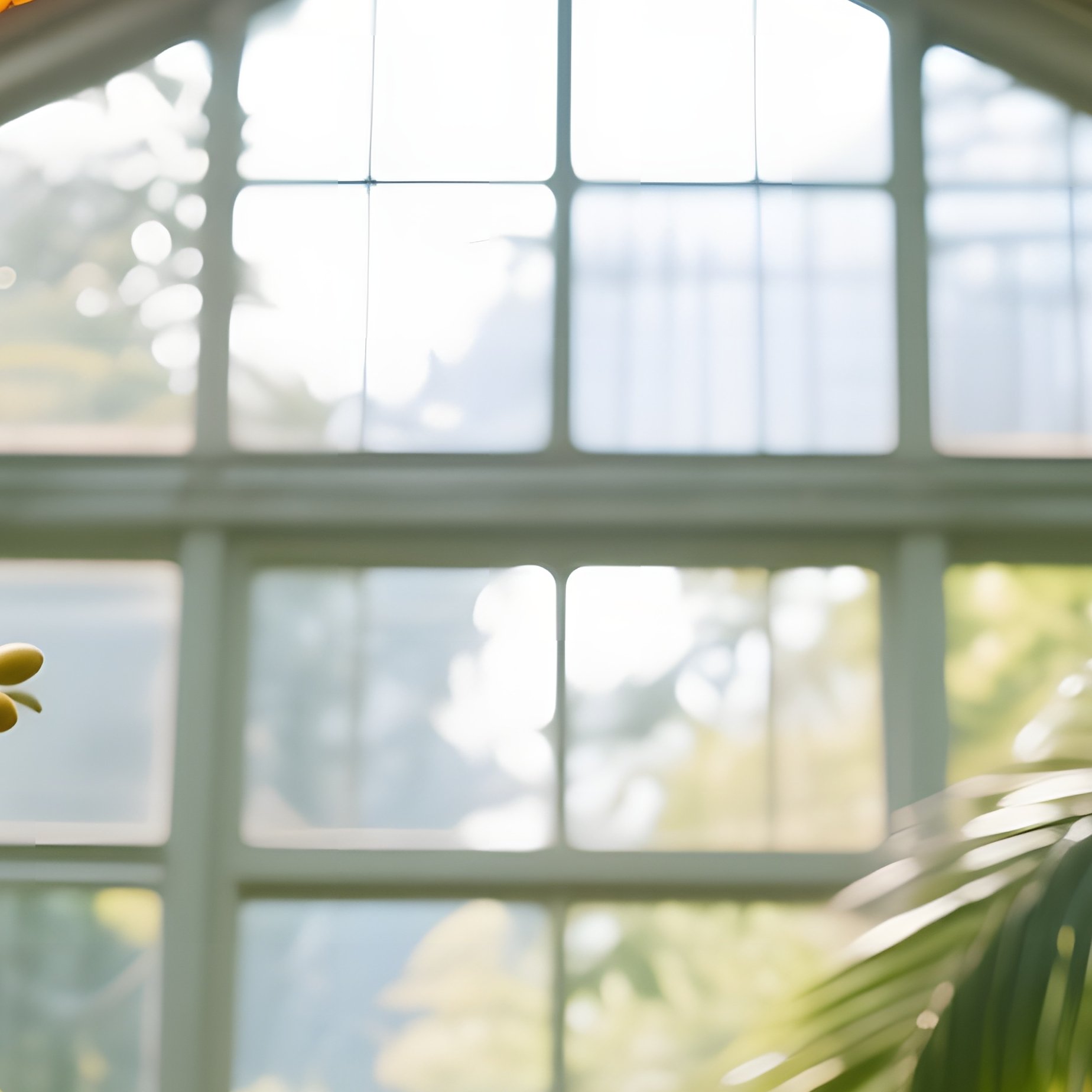 A Sun‑Filled Greenhouse Filled With Tropical Orchids, Its Roof Composed Of Segmented Stained Glass - Full Resolution Quality Preview