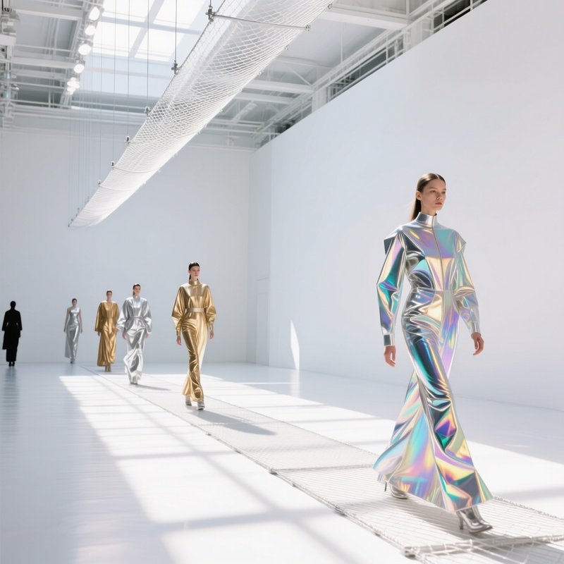 A Sun Filled Studio With Large White Walls A Suspended Wire Mesh Runway And Models Wearing