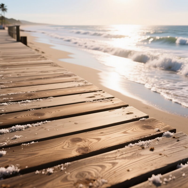 A Sun‑Kissed Beachside Boardwalk Of Drift‑Tanned Teak Planks, Each Showing Grain Patterns And