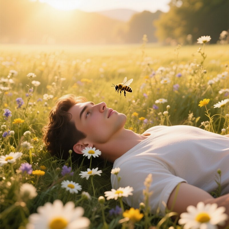 A Sun‑Kissed Meadow Filled With Wildflowers, A Male Model Lying Supine Among Daisies, Bees Buzzing