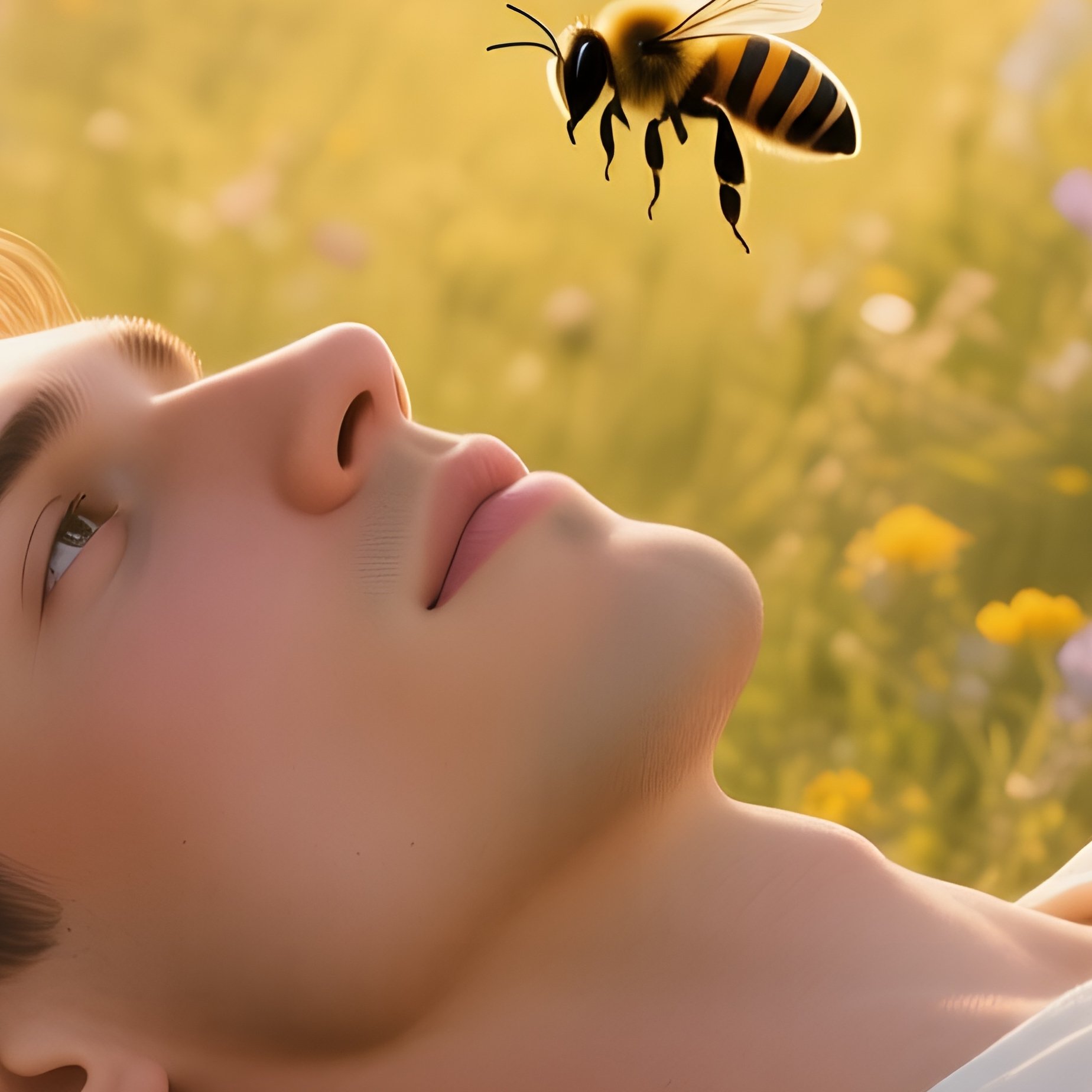 A Sun‑Kissed Meadow Filled With Wildflowers, A Male Model Lying Supine Among Daisies, Bees Buzzing - Full Resolution Quality Preview
