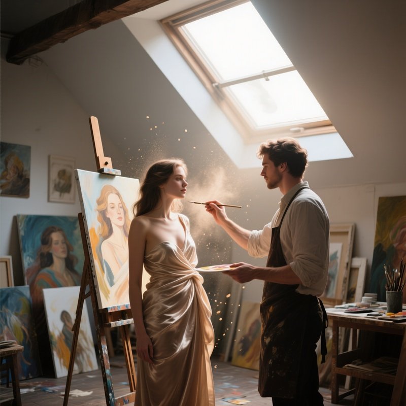 A Sun‑Lit Attic Studio Filled With Canvases, A Model Draped In Silk Poses While Her Lover Paints
