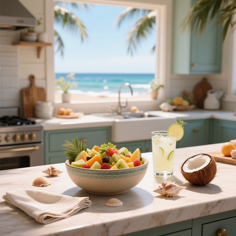 A Sun‑Lit Kitchen Counter In A Beach House, Where A Ceramic Bowl Holds Tropical Fruit Salad, A