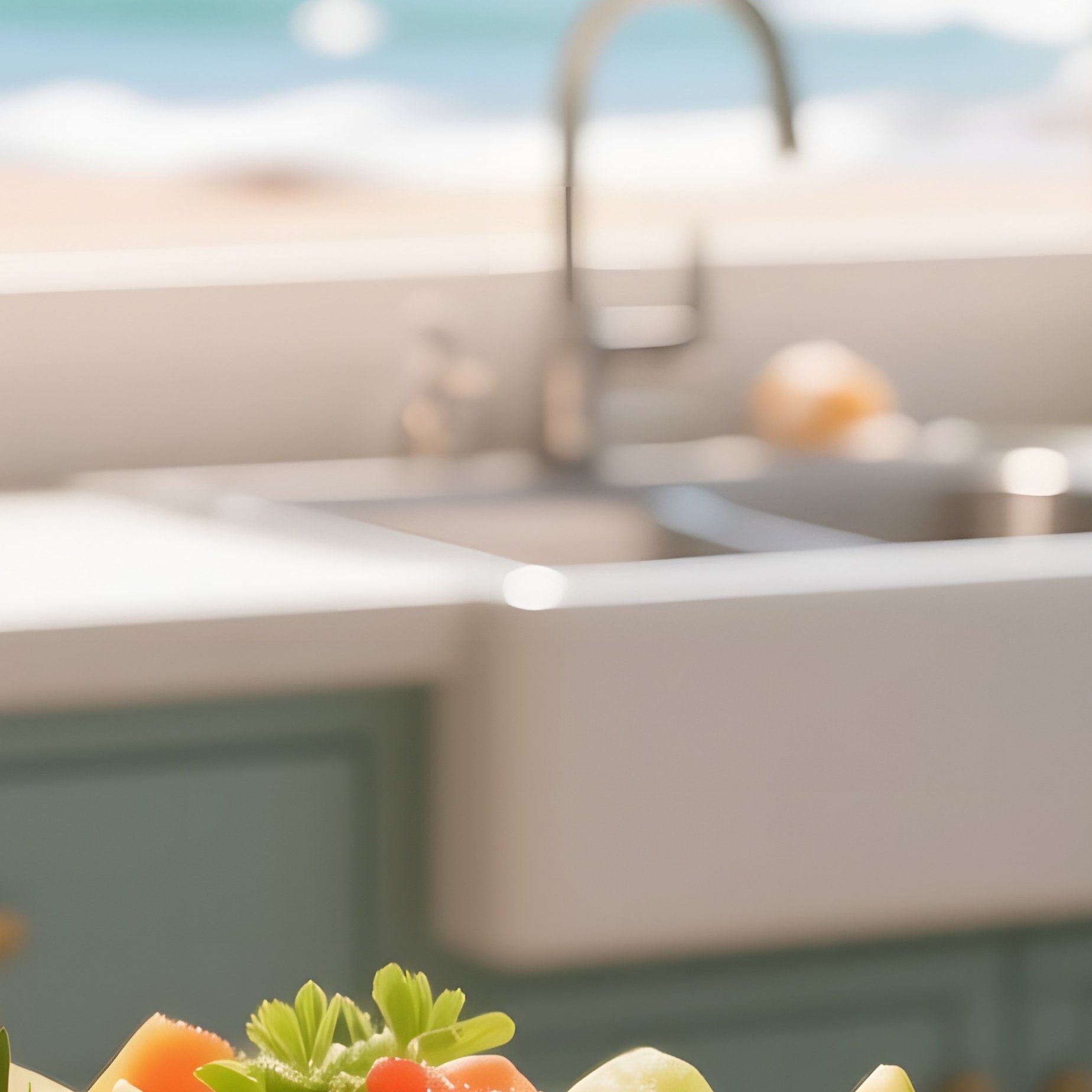 A Sun‑Lit Kitchen Counter In A Beach House, Where A Ceramic Bowl Holds Tropical Fruit Salad, A - Full Resolution Quality Preview