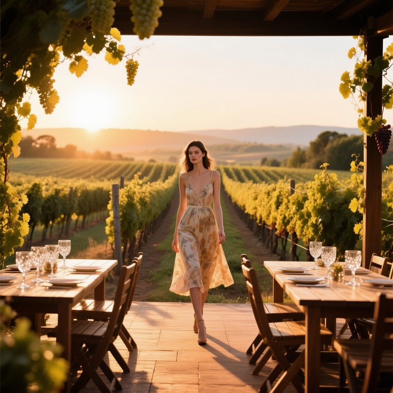 A Sun‑Lit Vineyard Terrace At Golden Hour, Wooden Tables Set With Crystal Glasses, Rows Of