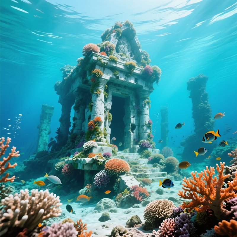 A Sunken Ancient Temple Reclaimed By Coral Underwater Image