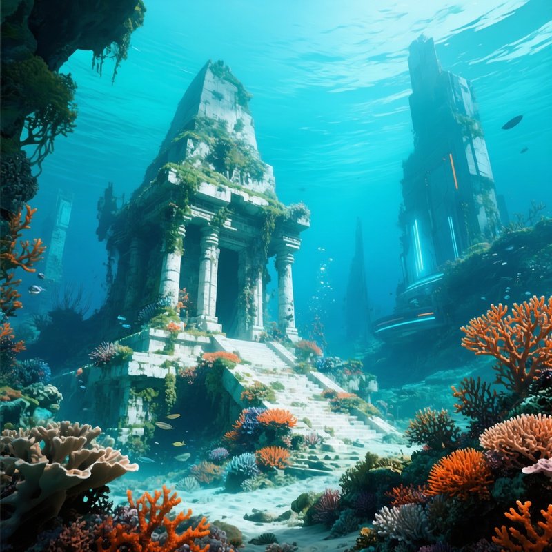 A Sunken Ancient Temple Reclaimed By Coral Underwater Science Fiction