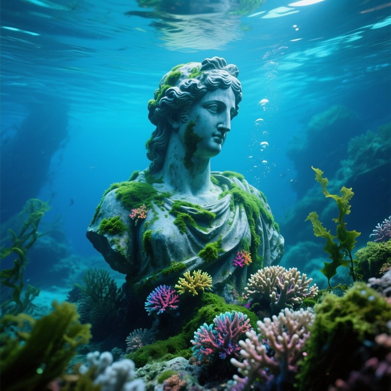 A Sunken Statue Covered In Coral And Sea Moss Underwater Image