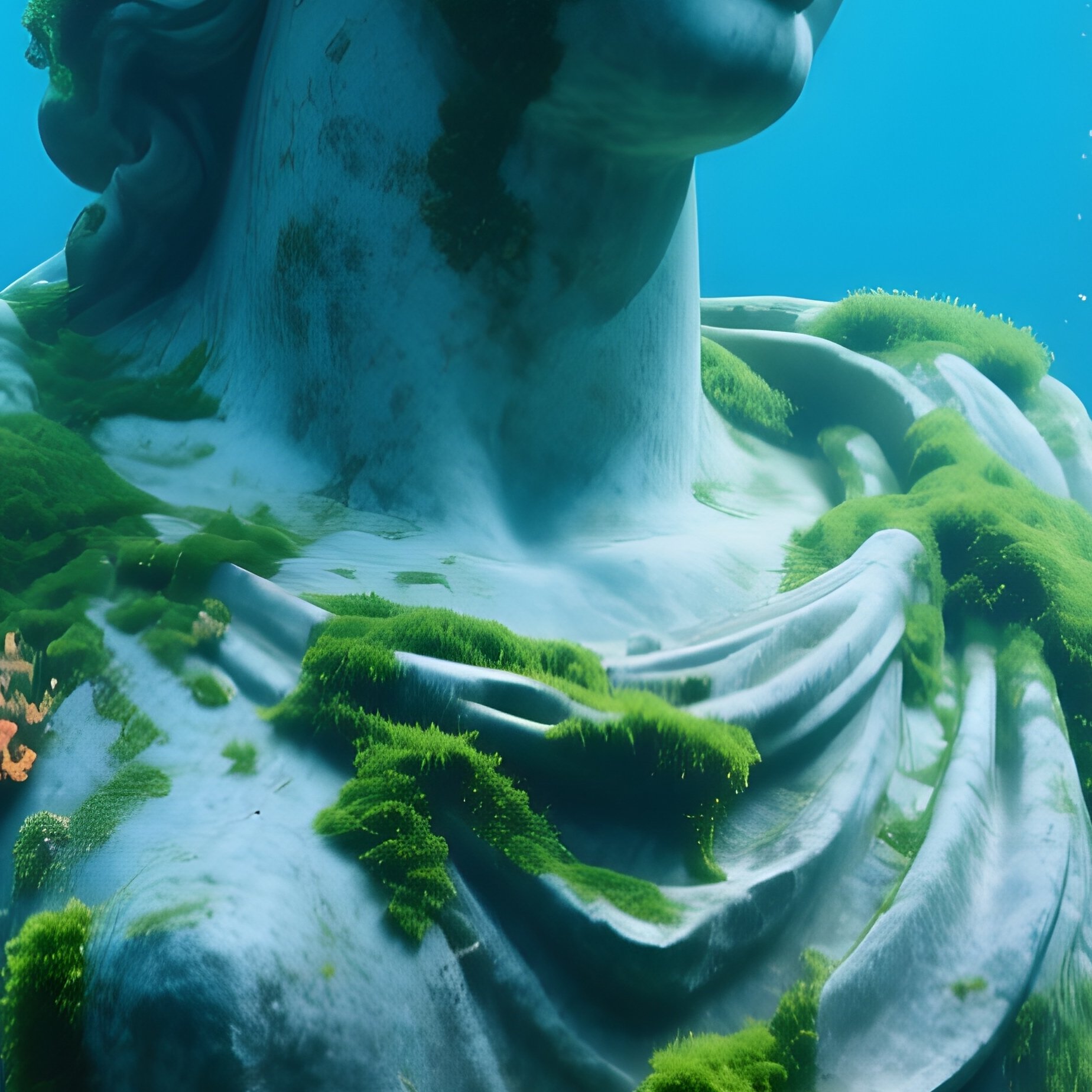 A Sunken Statue Covered In Coral And Sea Moss Underwater Image - Full Resolution Quality Preview