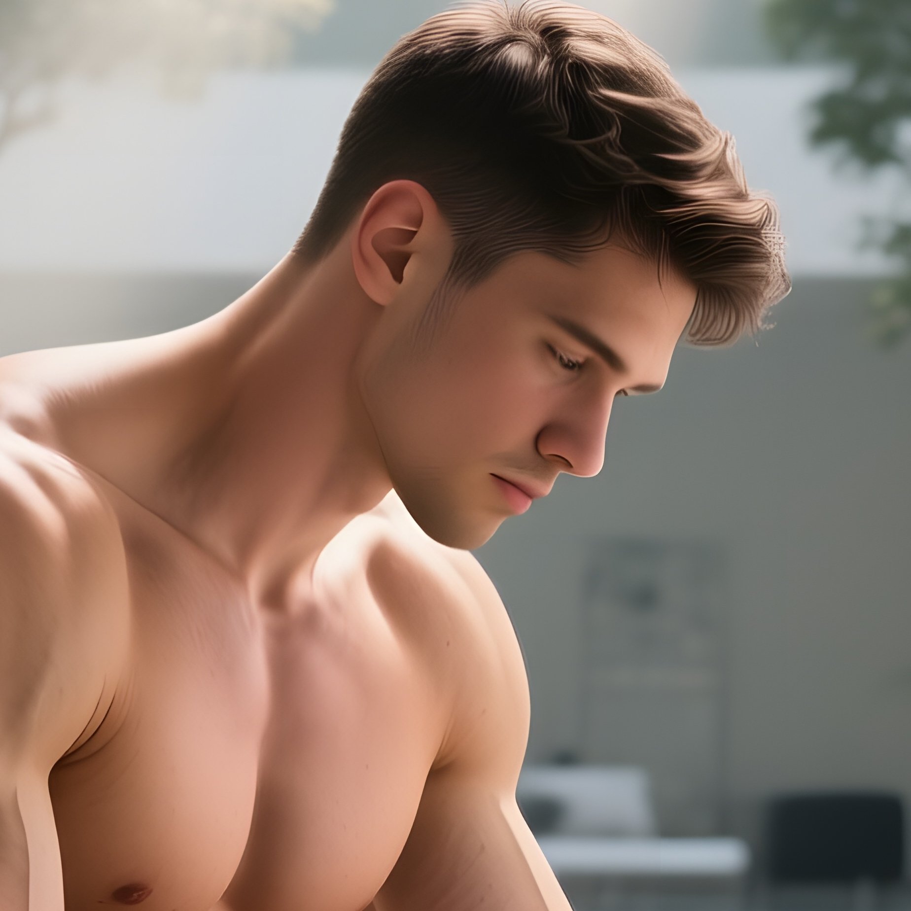 A Sunlit Atrium Filled With Indoor Trees, A Muscular Male Designer Perched On A Glass Desk, - Full Resolution Quality Preview