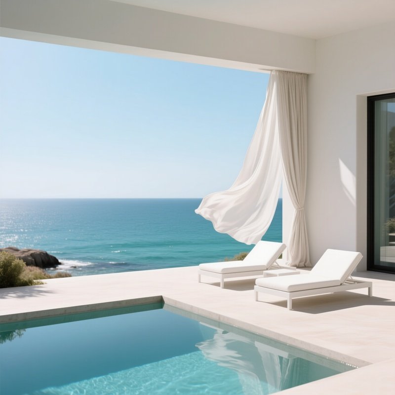 A Sunlit Coastal Villa Terrace With Minimalist White Lounge Chairs, A Low Concrete Pool Reflecting