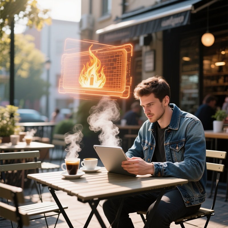 A Sunlit Coffee Shop Patio, Steam Rising From Espresso Cups, A Casual Hacker In A Denim Jacket