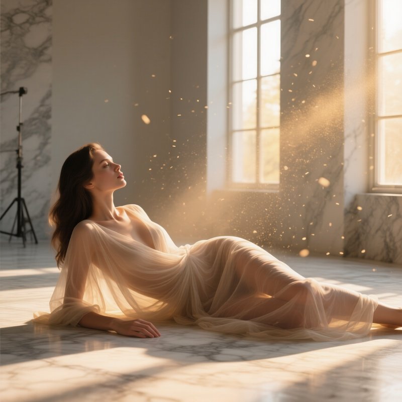 A Sunlit Marble Studio With A Reclining Female Model Draped In Sheer Linen, Soft Shadows Falling